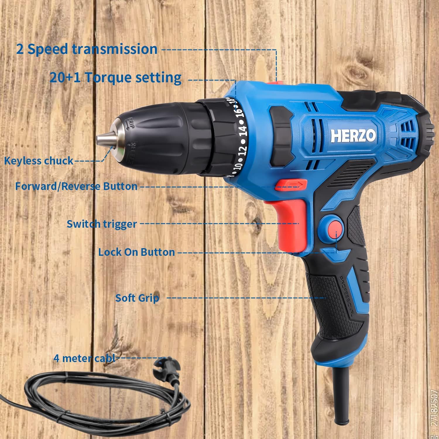 HERZO Elektro Bohrschrauber 300W,Speed 20 + 1 Drehmomentstufen with 4M Cable, great for everyday drilling tasks.