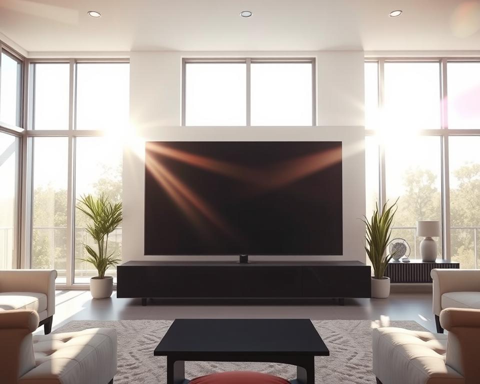 A bright, modern living room with large windows that fill the space with natural light. A sleek, state-of-the-art television stands prominently in the center, its display shimmering with vivid colors and deep blacks. The television's screen has a high peak brightness, ensuring it remains clearly visible even in the sun-drenched room. Soft, diffuse lighting from overhead fixtures casts a warm, inviting glow throughout the space. The furniture is minimalist and contemporary, creating a clean, uncluttered aesthetic. Sunlight streams in through the windows, casting dynamic shadows and highlights that accentuate the television's crisp, detailed image. The overall scene conveys a sense of technological sophistication and luxurious, light-filled comfort.