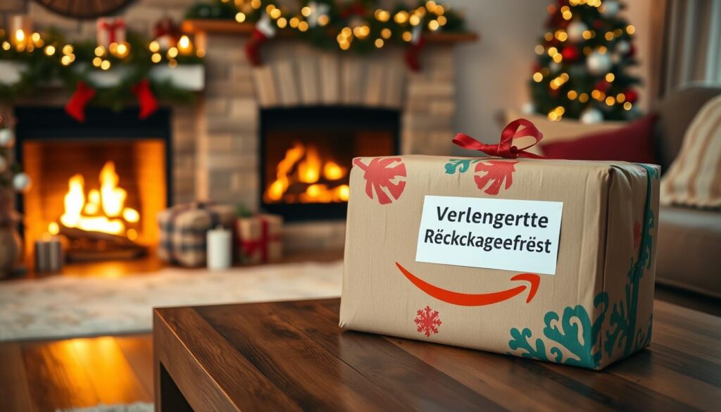 A cozy living room with a large Amazon package on a wooden coffee table, surrounded by holiday decorations and a crackling fireplace in the background. The package is wrapped in a festive red and green design, with a prominent "Verlängerte Rückgabefrist" label prominently displayed. The room is bathed in a warm, golden glow from the fireplace, creating a inviting and celebratory atmosphere. The scene conveys the joy and convenience of extended return policies during the holiday shopping season.