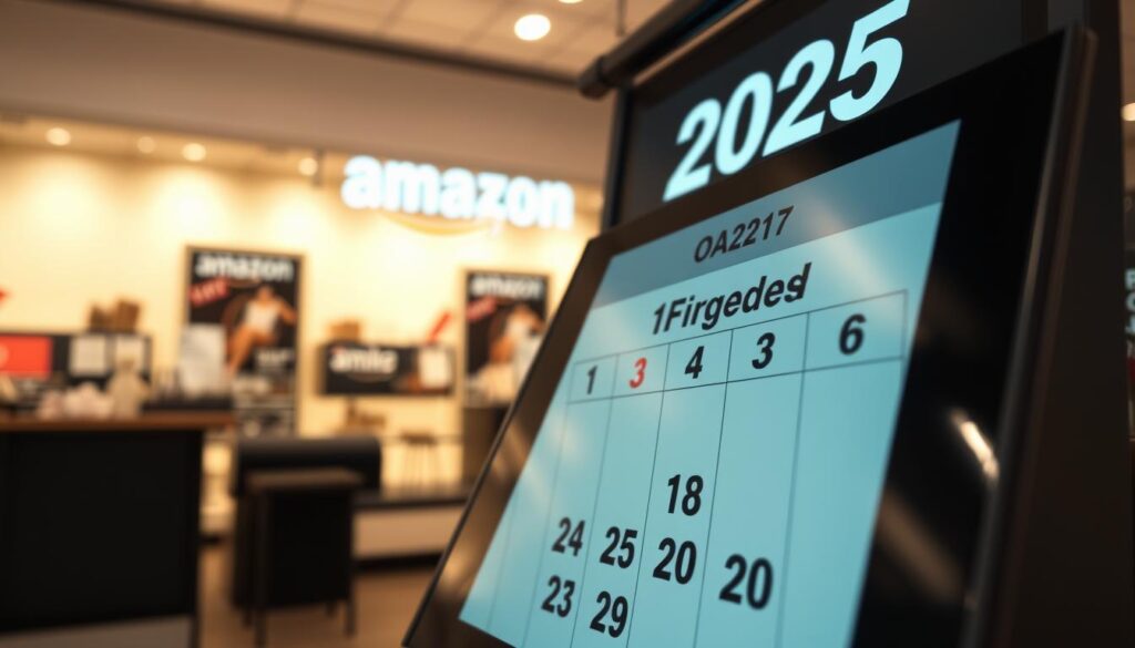 A detailed calendar display showcasing the key dates for Black Friday 2025 on Amazon. The foreground features a sleek digital calendar interface with bold, legible date numbers. The middle ground includes subtle product icons and sales banners hinting at the upcoming deals. The background depicts a modern, minimalist Amazon storefront setting with clean lines, neutral tones, and subtle branding elements. The overall mood is one of anticipation and efficient organization, capturing the excitement and preparedness for the highly anticipated shopping event. Lighting is soft and even, with a gentle glow radiating from the calendar display. The camera angle provides an eye-level, frontal view of the calendar interface for maximum clarity and impact.