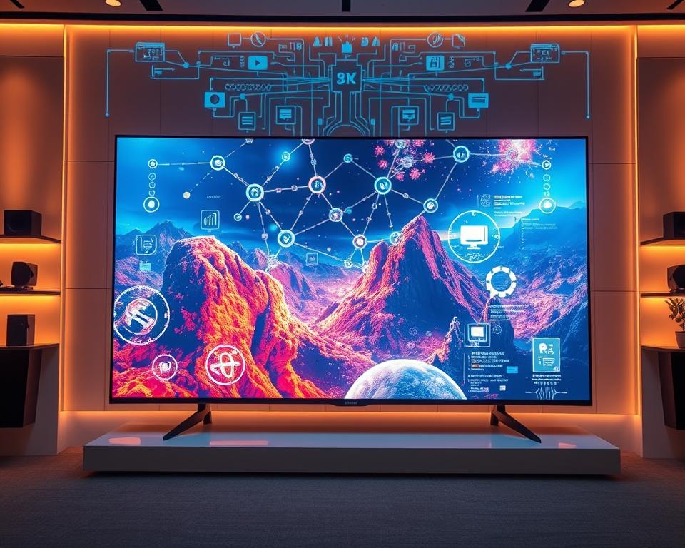 A futuristic television display showcases the convergence of AI and TV technology. In the foreground, a sleek, edge-to-edge 8K screen displays vibrant, hyper-realistic visuals powered by advanced AI processing. The middle ground features intuitive gesture controls and voice commands, seamlessly integrating the user experience. In the background, a network of interconnected devices and cloud-based services enables intelligent content recommendations, personalized viewing, and adaptive home entertainment. The scene is bathed in a warm, ambient glow, conveying a sense of technological sophistication and the promise of a seamless, AI-driven future for television.