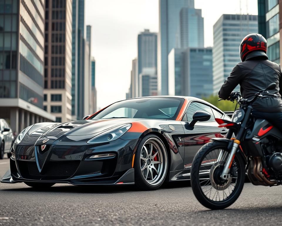 A high-performance sports car meticulously customized, its sleek silhouette exuding power and style. The gleaming chrome trim and vibrant paint job command attention, while the lowered suspension and large alloy wheels suggest enhanced performance. In the foreground, a motorcycle rider contemplates the car, considering how to legally and safely incorporate these upgrades to their own ride. The backdrop is a modern city street, with towering skyscrapers and a hint of the open road beyond, conveying the excitement and challenges of responsible automotive tuning.