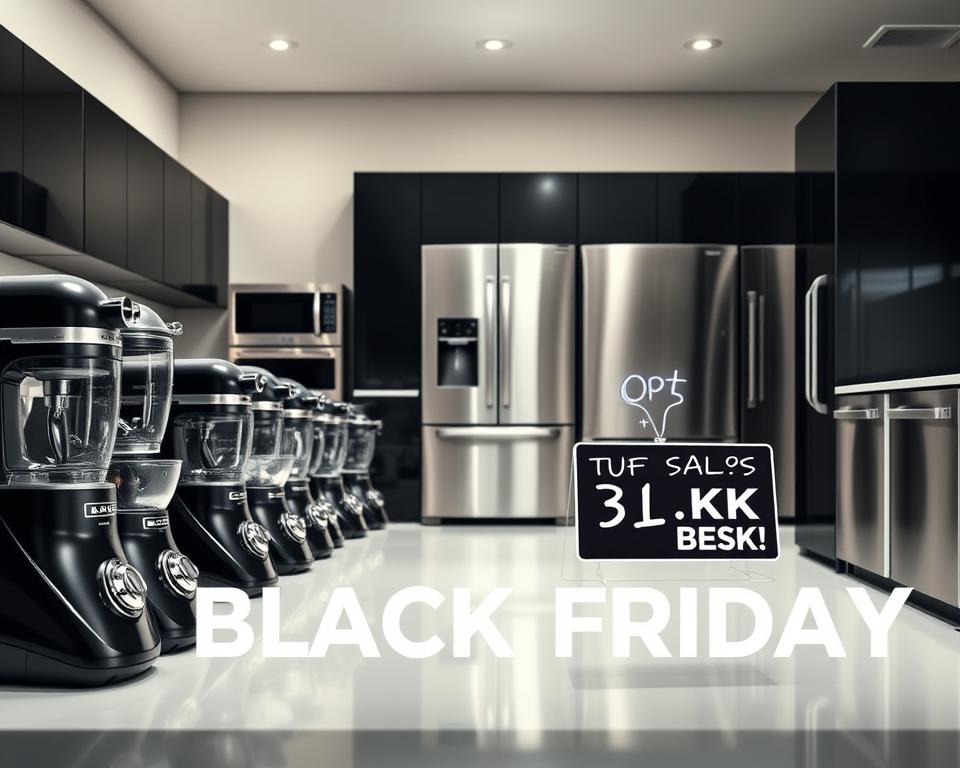 Une cuisine moderne et minimaliste remplie d'appareils haut de gamme et élégants à l'occasion d'une vente du vendredi noir. Un éclairage doux et directionnel illumine les finitions en noir brillant et en acier inoxydable, créant une atmosphère sophistiquée. Au premier plan, une rangée de blenders, mixeurs et robots de cuisine dernier cri sont disposés de manière ordonnée, leurs caractéristiques haut de gamme et leurs prix réduits étant mis en évidence. Au milieu, un four à convection et une gamme étincelants, flanqués d'un réfrigérateur et d'un lave-vaisselle côte à côte, offrent tous d'importantes remises pour le Black Friday. L'arrière-plan présente un dosseret et un meuble aux tons neutres et sereins, permettant aux appareils en vedette de prendre la scène centrale. Une scène de cuisine immersive et haut de gamme qui capture l'essence des meilleures offres du Black Friday pour le cuisinier à domicile moderne.