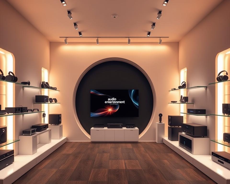Une salle d'exposition d'équipements audio élégante et moderne, avec des systèmes audio, des casques et des haut-parleurs haut de gamme présentés de manière bien visible sur des étagères et des podiums minimalistes. Un éclairage chaud et diffus crée une atmosphère haut de gamme, mettant en valeur les finitions brillantes et les détails complexes des produits technologiques. Au milieu, un grand écran incurvé présente les dernières offres de divertissement audio, tandis que l'arrière-plan présente des éléments architecturaux géométriques et épurés dans des tons sourds qui complètent l'esthétique du design épuré. L'ensemble de la scène évoque un sentiment de technologie avancée, de qualité supérieure et d'expériences de divertissement immersives.