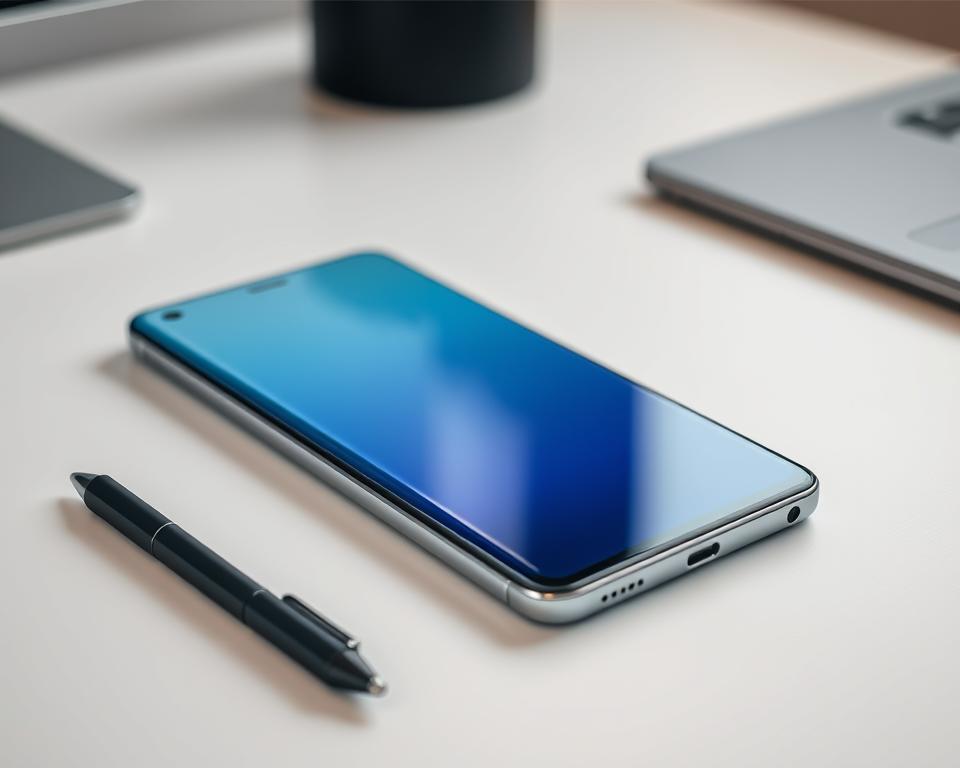 A sleek and sophisticated Samsung Galaxy S25 Ultra smartphone, the centerpiece of a minimalist workspace. The device is captured in a crisp, high-resolution close-up, its polished metal frame and vibrant display commanding attention. The S Pen stylus rests nearby, its matte black finish and ergonomic shape hinting at the productivity and precision it offers. Soft, directional lighting accentuates the phone's premium design, while a blurred, neutral background keeps the focus on the subject. An atmosphere of professional elegance and technological innovation permeates the scene, inviting the viewer to imagine the device's capabilities.