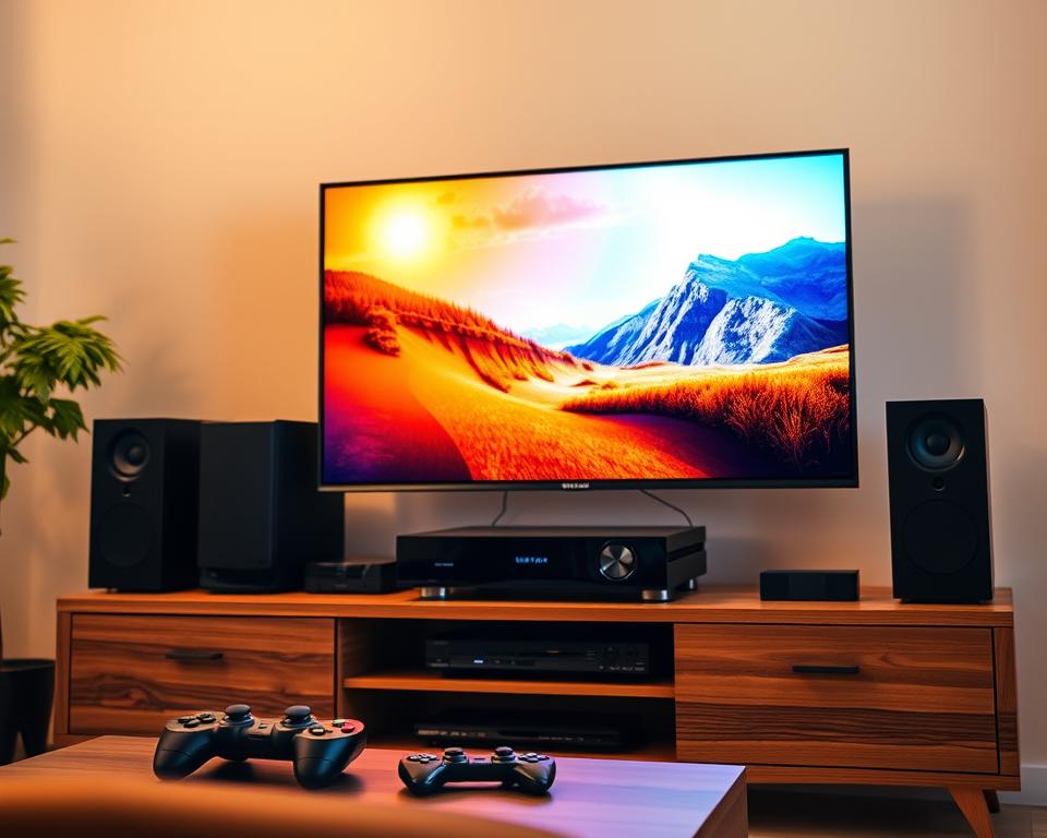A well-lit, high-quality television set prominently displayed on a sleek, modern wooden entertainment center. The screen showcases a vibrant, high-definition image with accurate color representation and crisp details. The TV is surrounded by various consumer electronics, including a gaming console, sound system, and remote controls, providing a comprehensive home entertainment setup. The scene is captured from a slightly elevated angle, creating a sense of depth and emphasizing the overall quality and integration of the devices. The lighting is warm and inviting, casting a soft glow over the scene and creating a cozy, immersive atmosphere. The background is subtly blurred, keeping the focus on the impressive television display at the center of the composition.