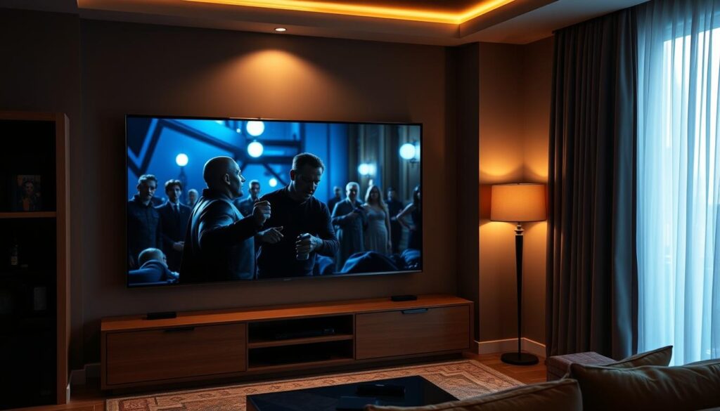 Filmabend vor einem hochwertigen TV mit perfektem Schwarz und Kontrast