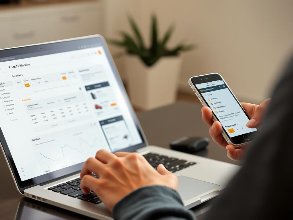 Person nutzt Preisvergleich-Tools und Amazon-App auf Smartphone und Laptop