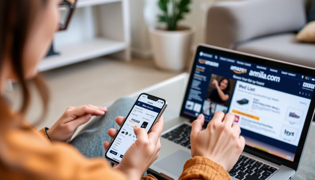 Person nutzt Smartphone und Laptop für strategisches Online-Shopping bei Amazon