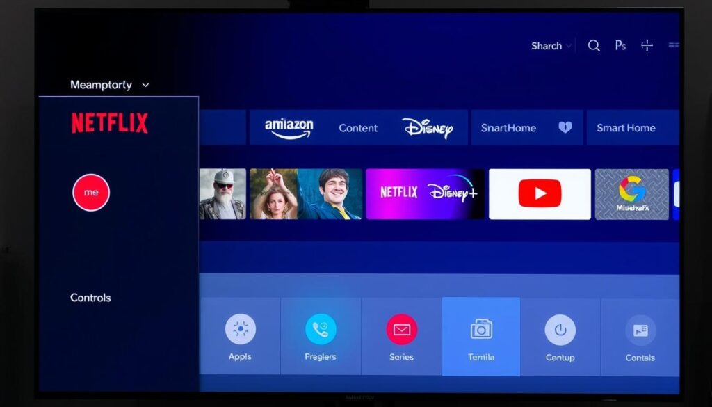 Smart-TV Benutzeroberfläche mit verschiedenen Apps und Streaming-Diensten