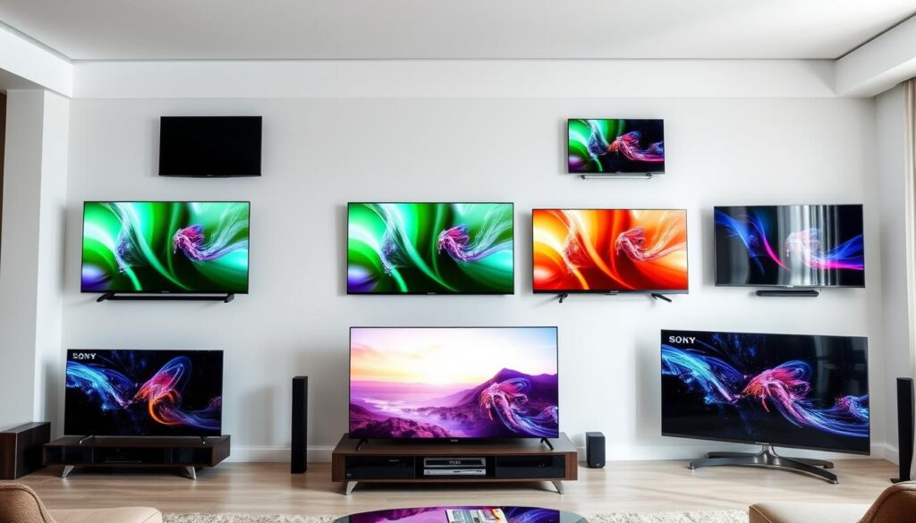 Verschiedene moderne TV Geräte mit unterschiedlichen Bildschirmgrößen und Designs
